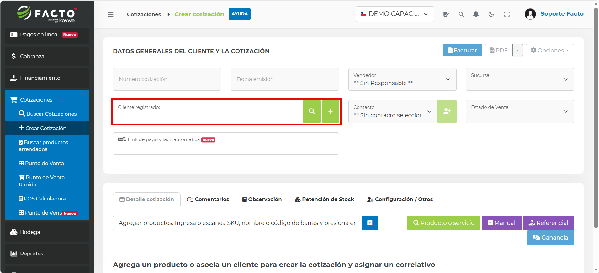 Campo para asociar un cliente registrado a la cotización