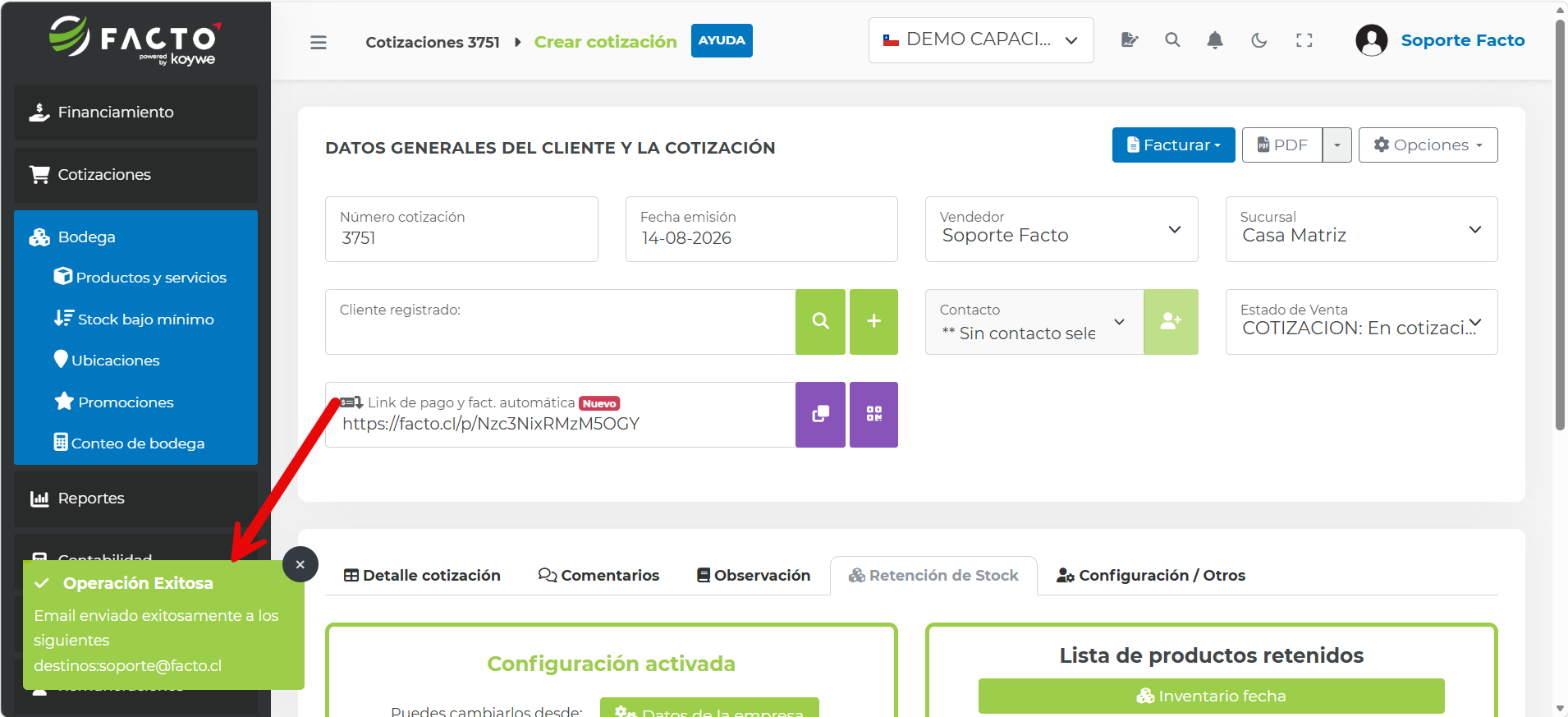 Mensaje de éxito luego de enviar la cotización por email