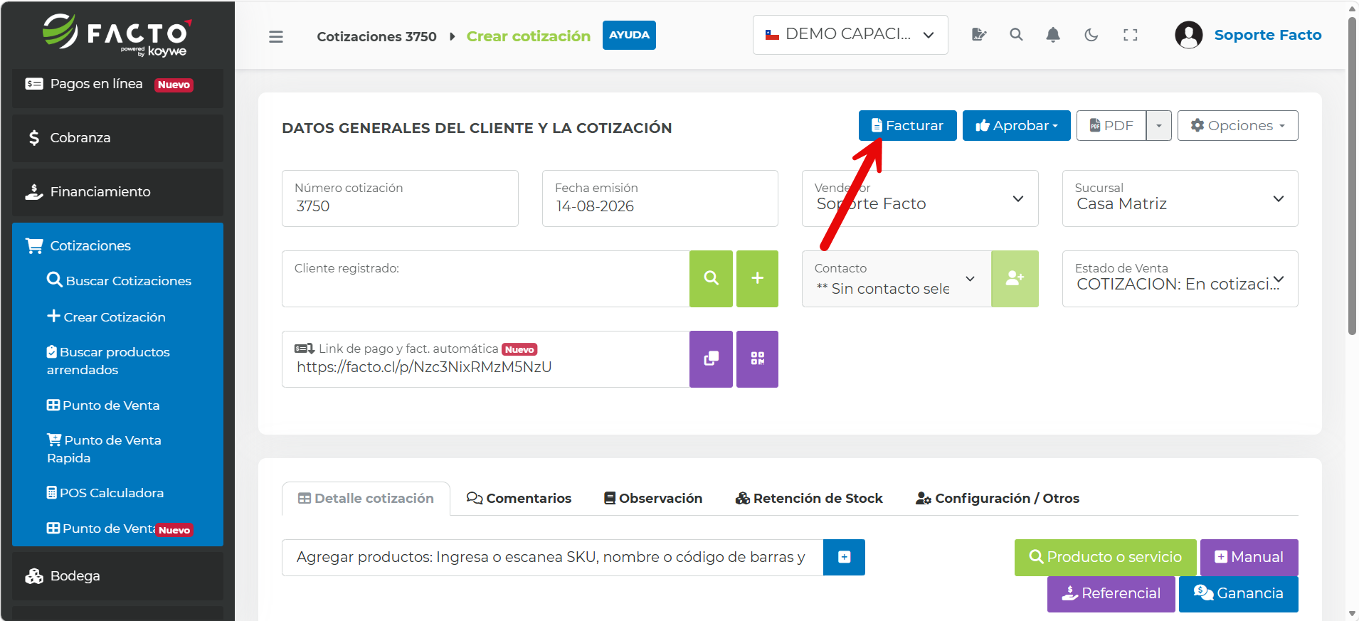 Botón Facturar en la cotización