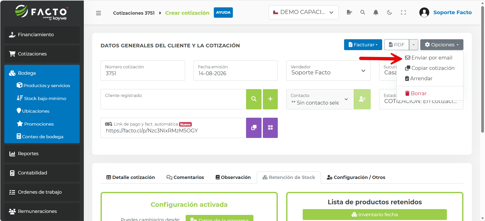 Opción Enviar por email en el menú Opciones