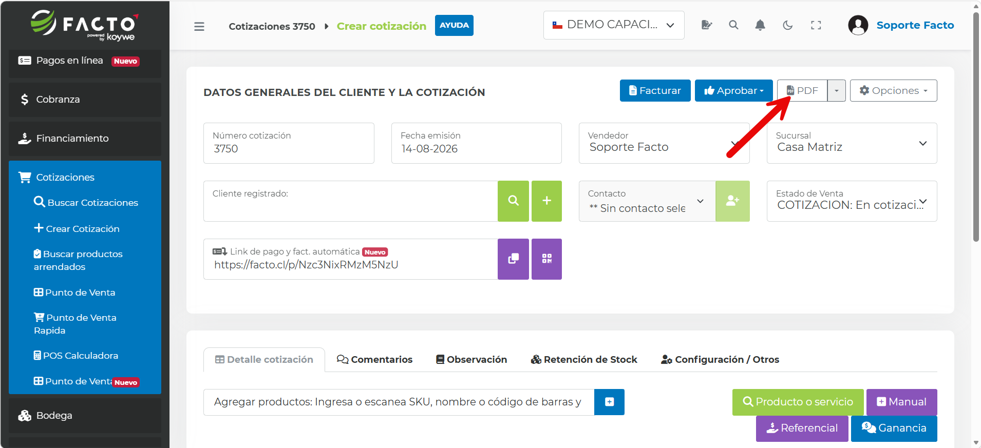 Botón PDF en la cotización