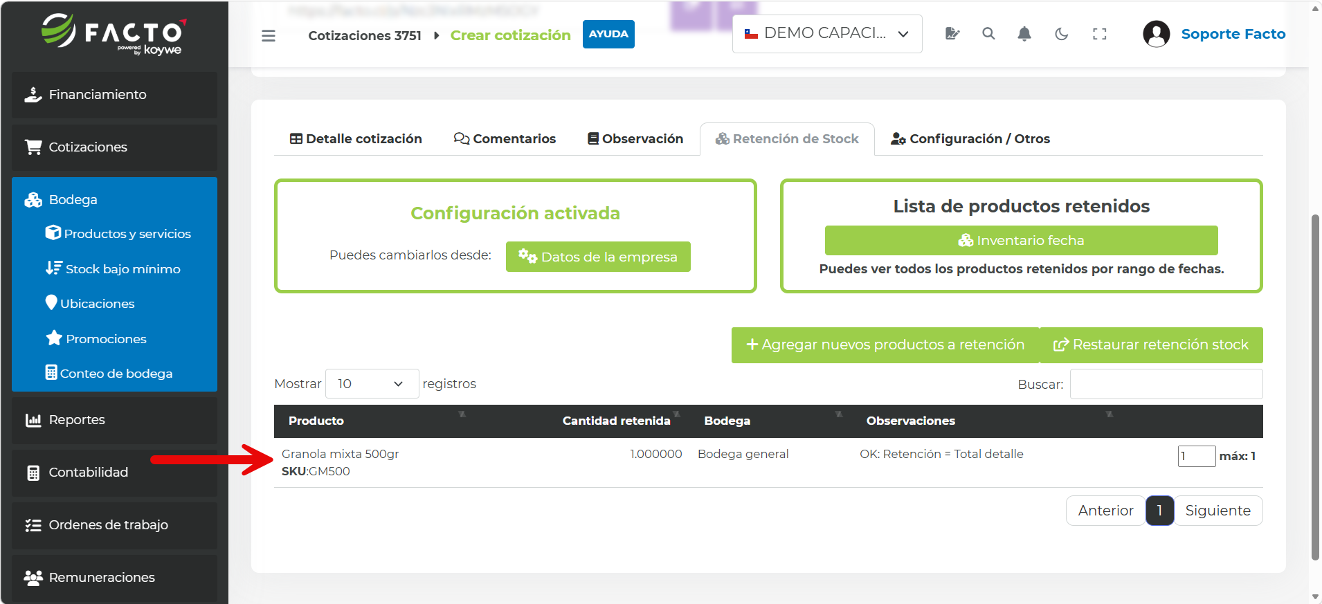Pestaña Retención de stock con el detalle del stock retenido
