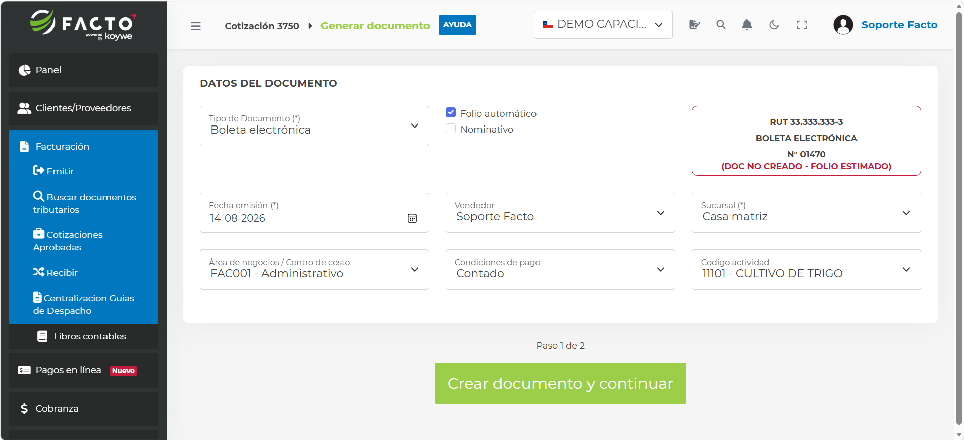 Selección del tipo de documento a emitir