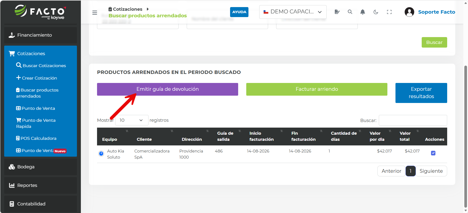 Botón Emitir guía de devolución sobre el producto arrendado seleccionado