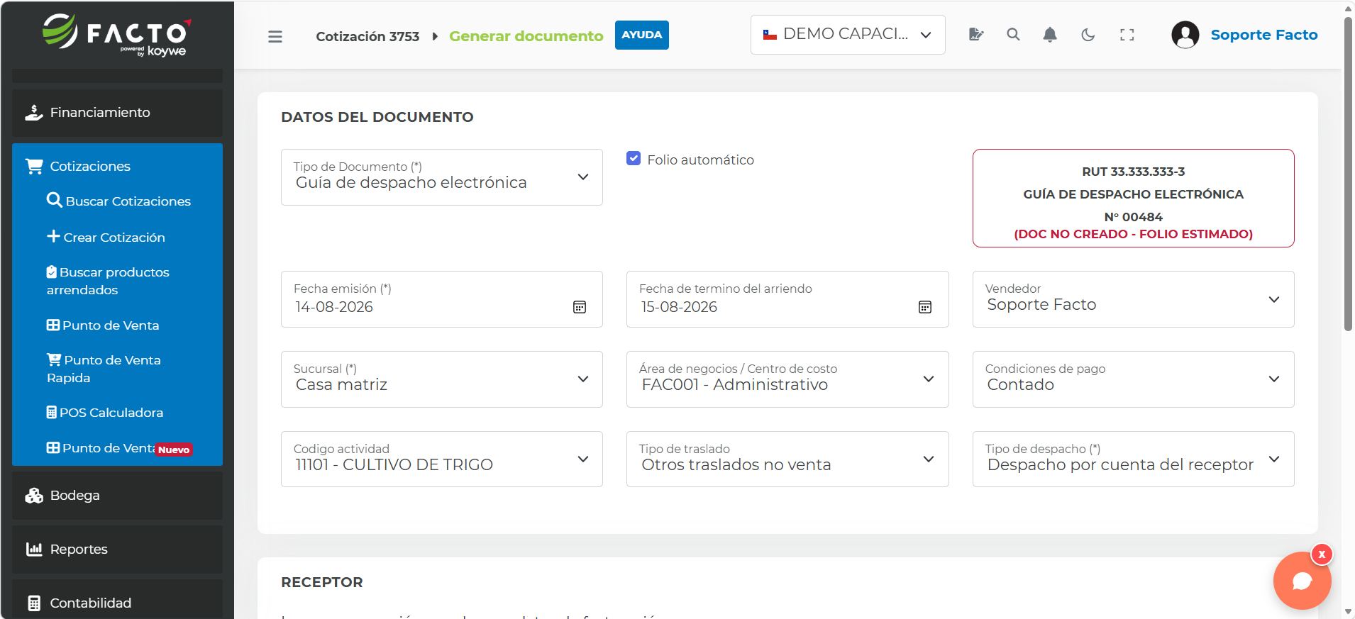 Módulo de emisión de la Guía de Despacho Electrónica del arriendo