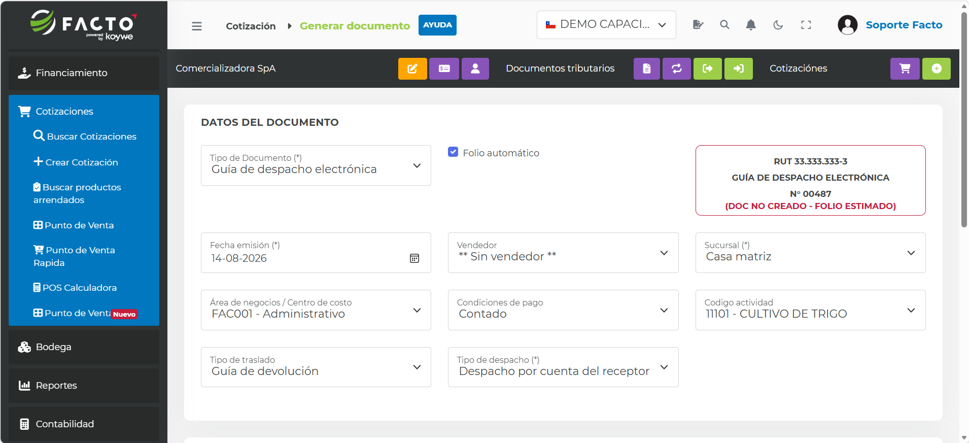 Datos del documento con tipo de traslado Guía de devolución preseleccionado