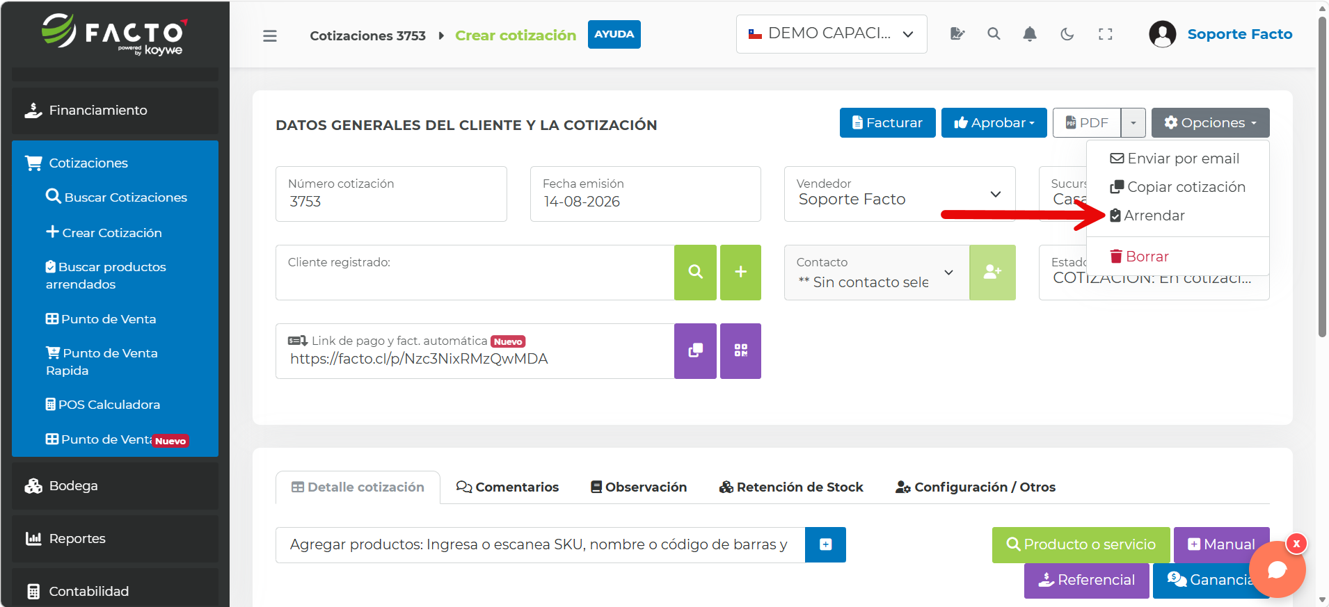 Opción Arrendar en el menú Opciones de la cotización