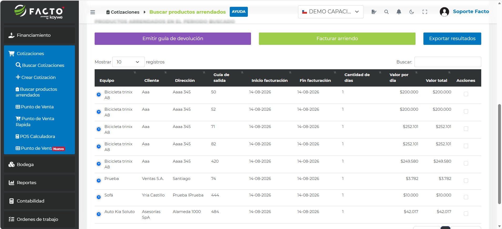 Resultados de búsqueda con las opciones Emitir guía de devolución y Facturar arriendo