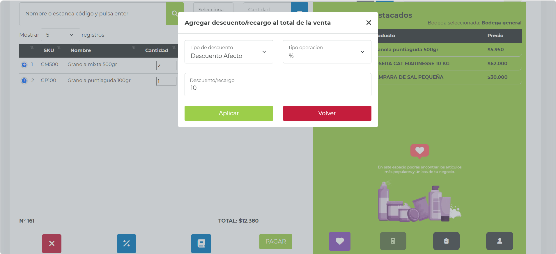 Formulario para agregar descuento o recargo al total de la venta