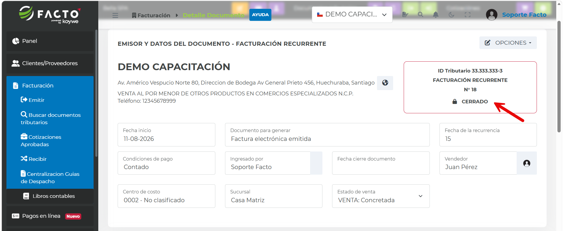 Botón Activar proceso recurrente → Emitir documento