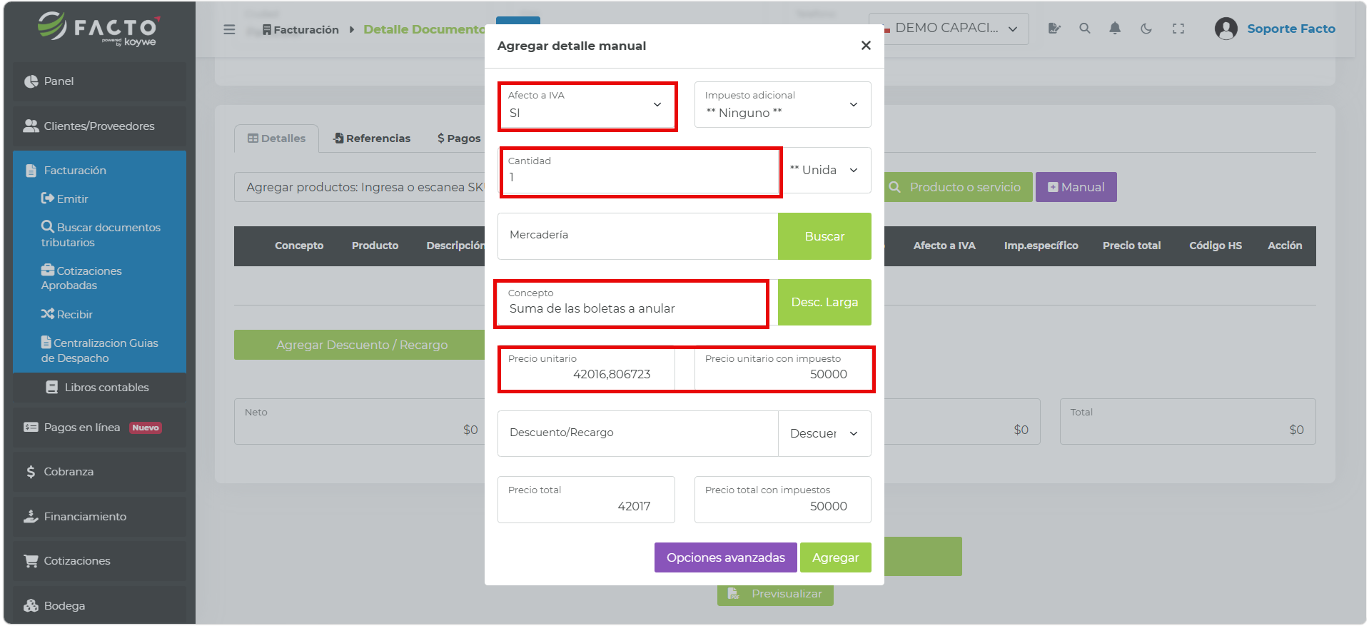 Formulario del producto manual con el monto total a anular