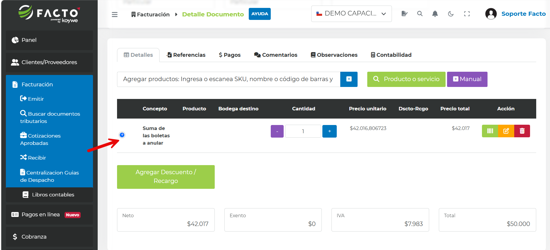 Producto manual agregado al detalle de la Nota de Crédito Electrónica