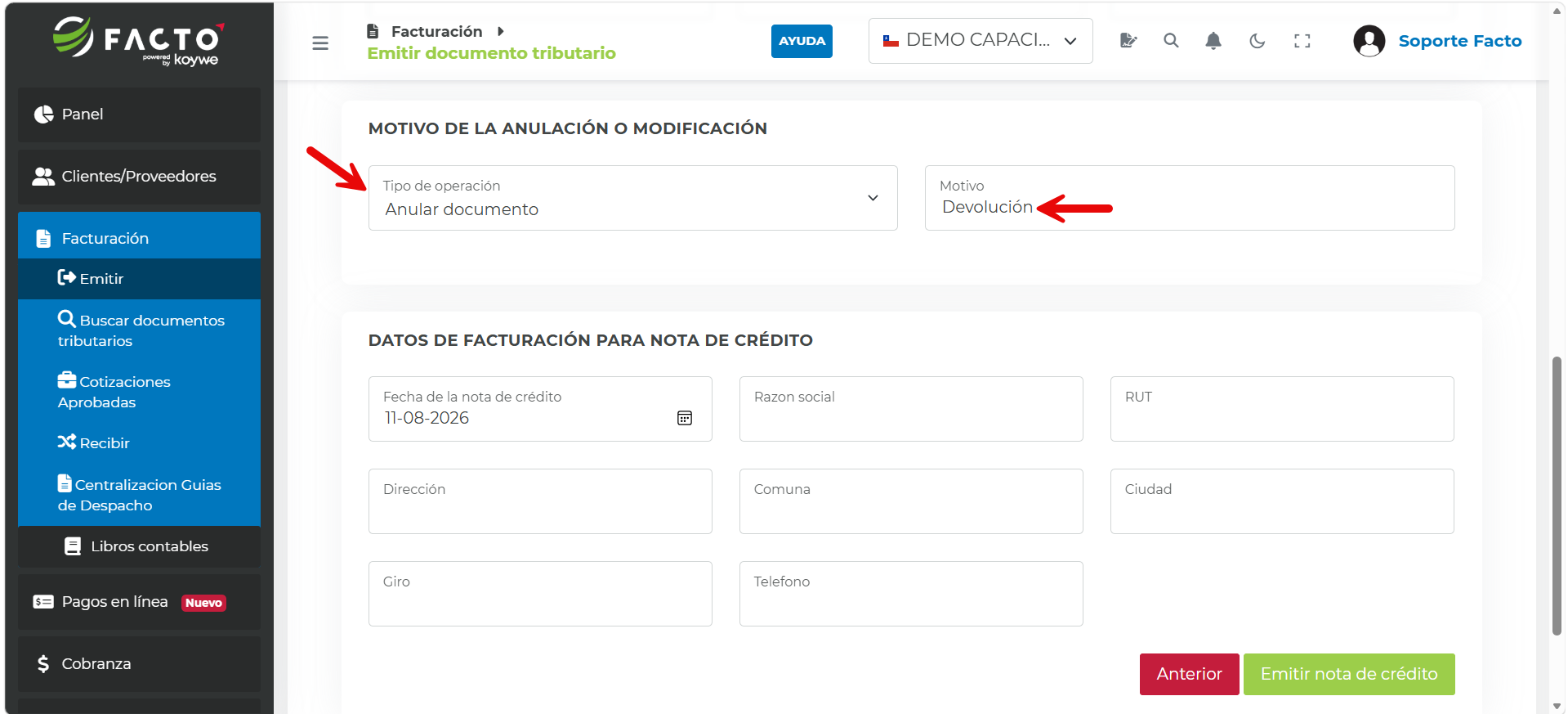 Tipo de operación Anular documento y campo Motivo completado para la boleta