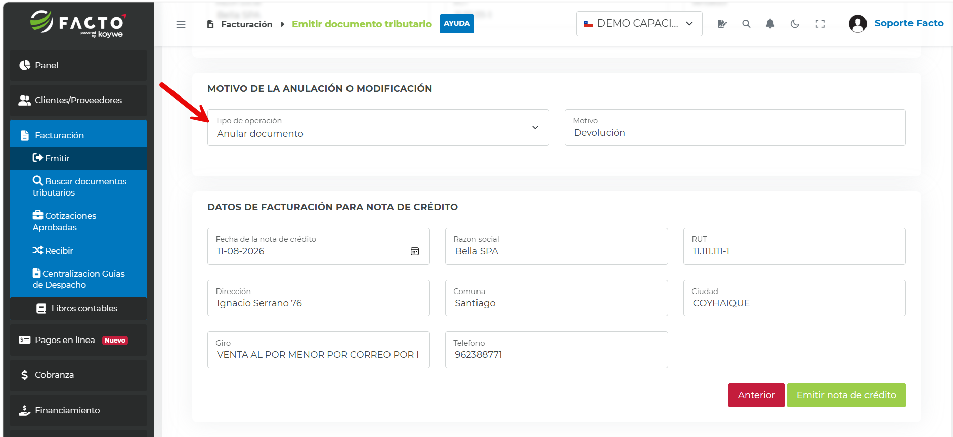Tipo de operación Anular documento y campo Motivo completado