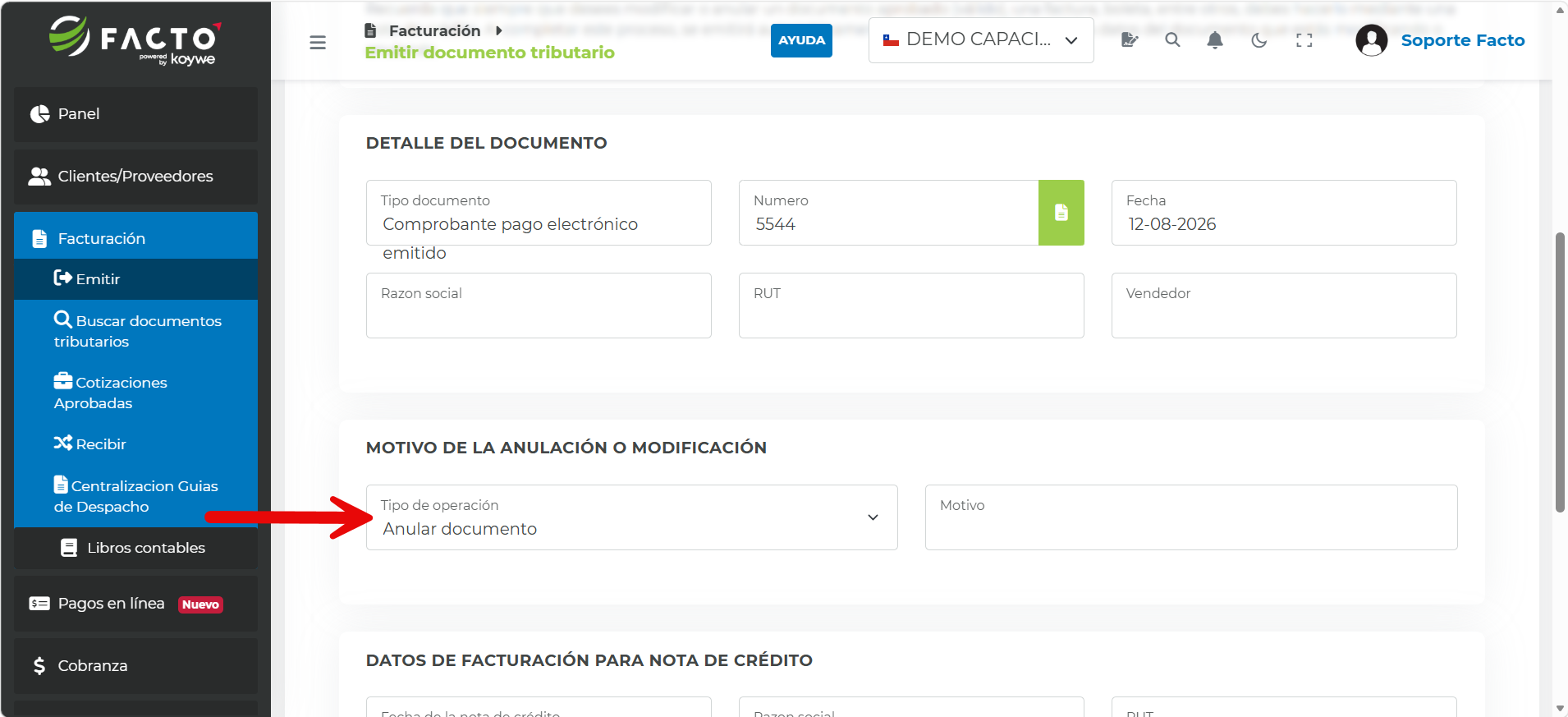 Tipo de operación Anular documento y campo Motivo para el Voucher