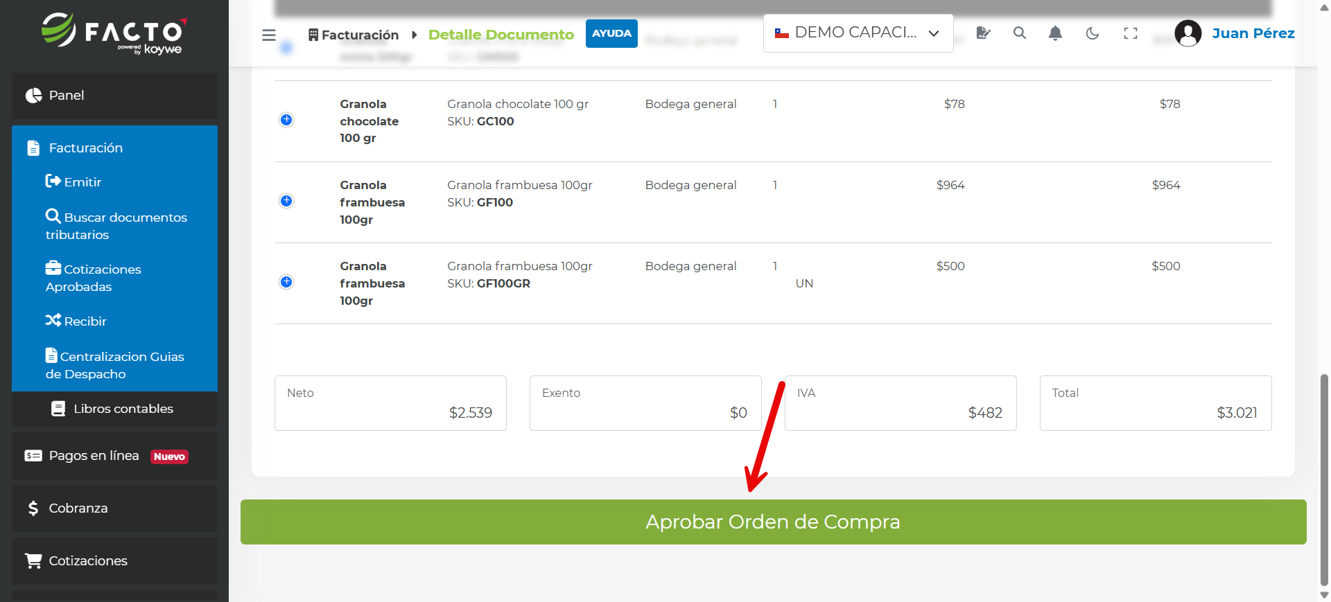 Usuario responsable aprobando la Orden de Compra