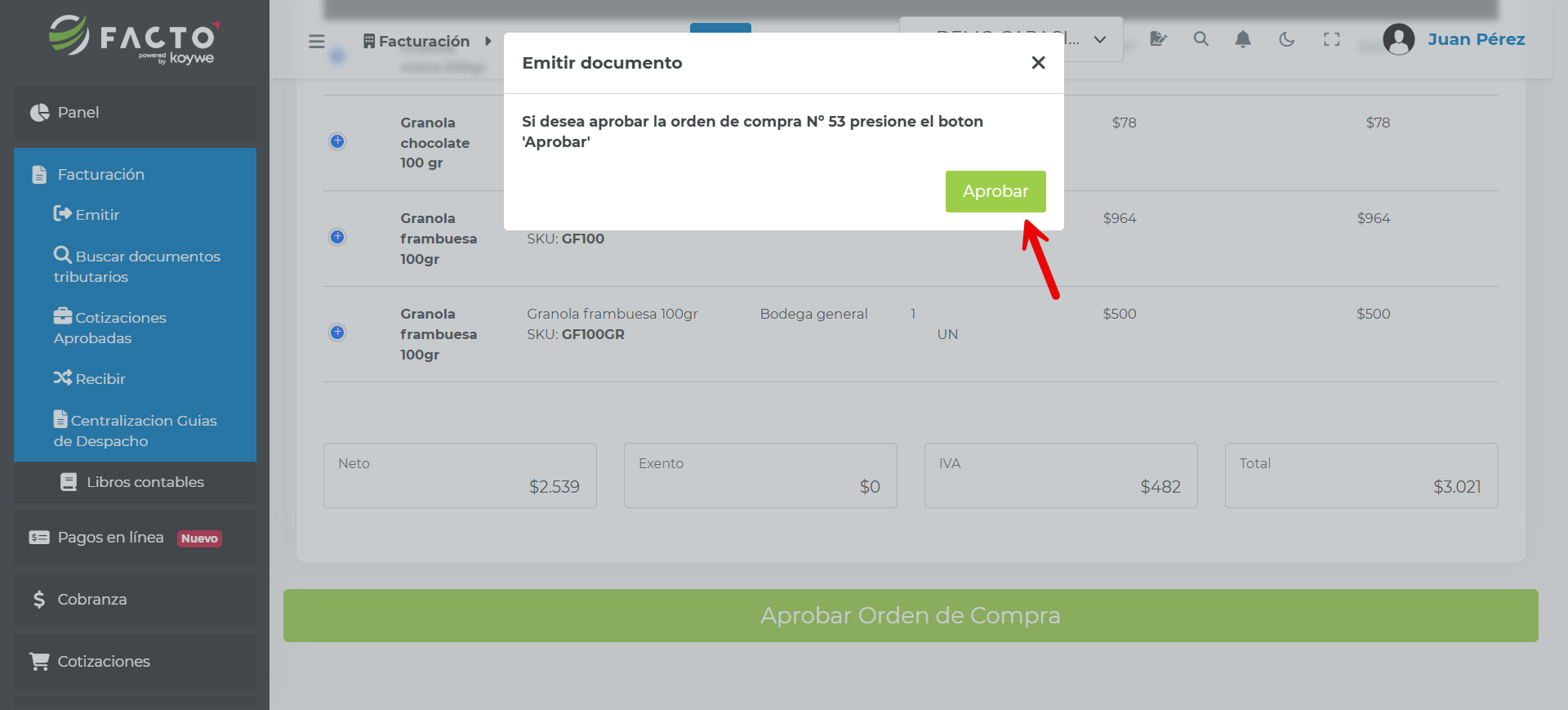 Orden de Compra aprobada por el usuario responsable