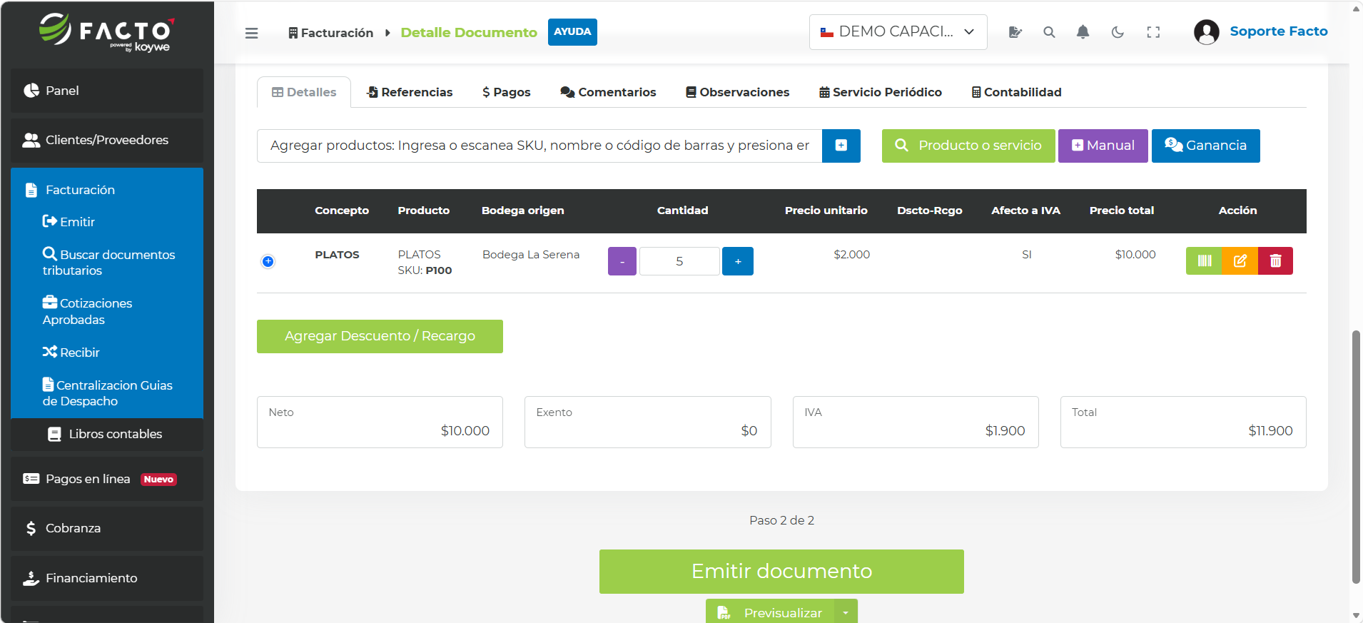 Botón Emitir documento → Emitir y enviar al S.I.I. dentro del borrador