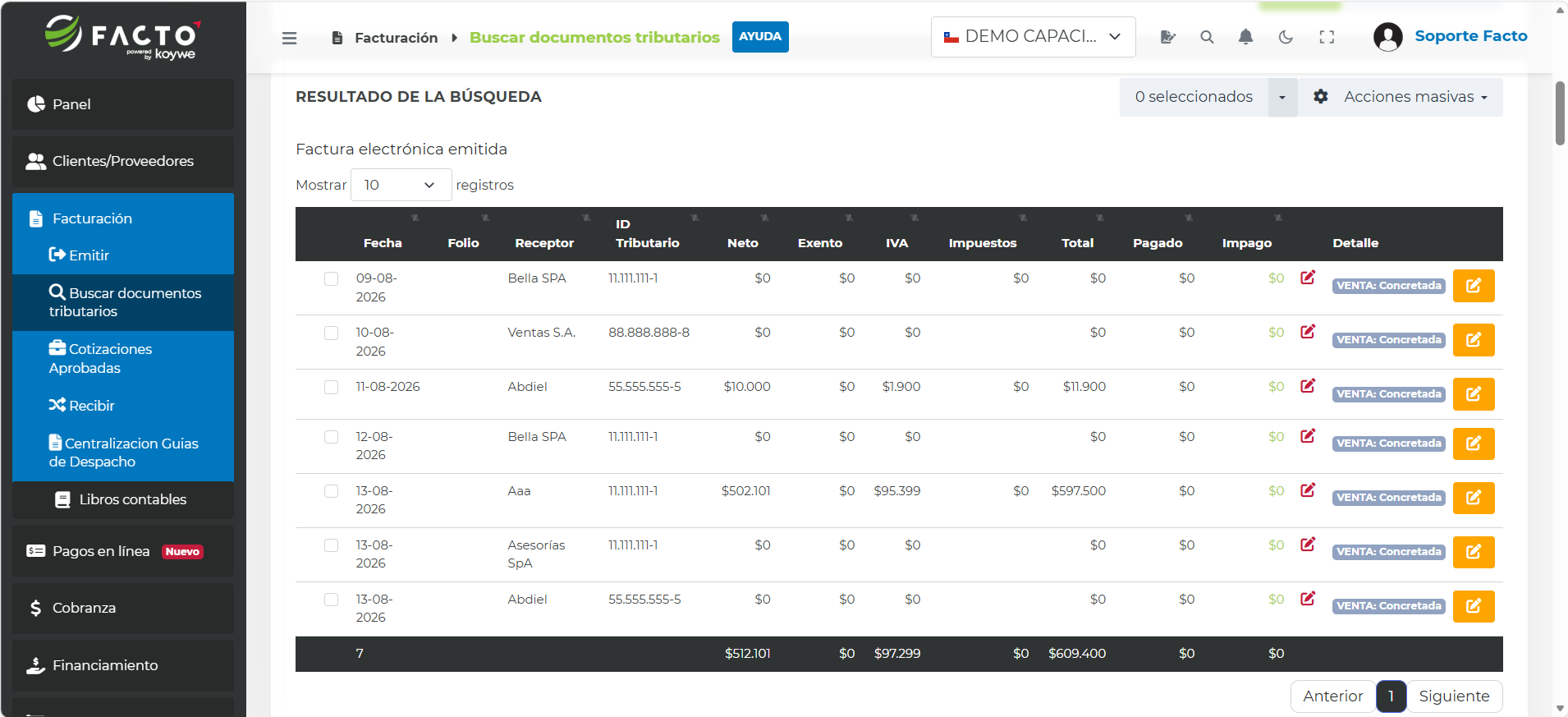 Resultado de la búsqueda con los documentos en estado borrador y por aprobar