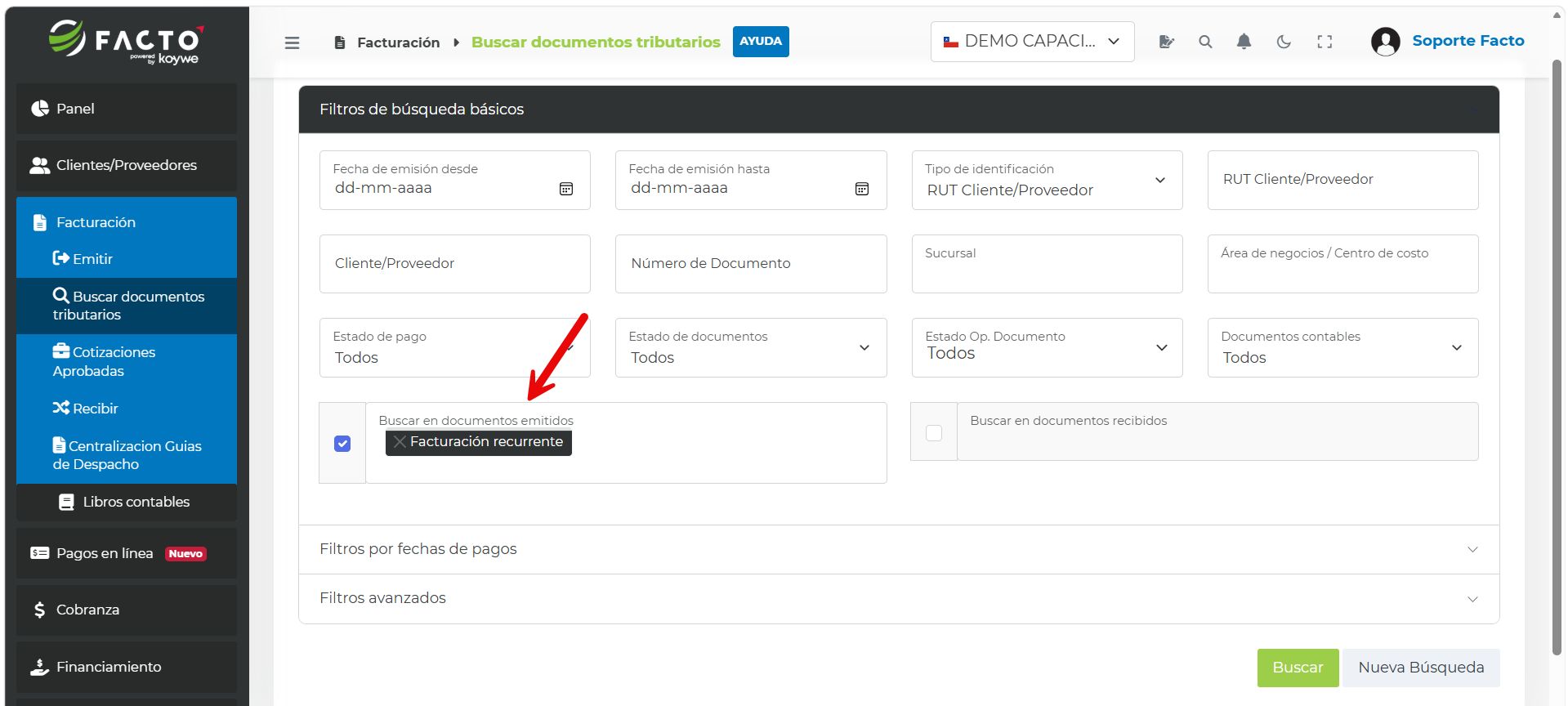 Filtro Buscar en documentos emitidos con el tipo Facturación recurrente seleccionado