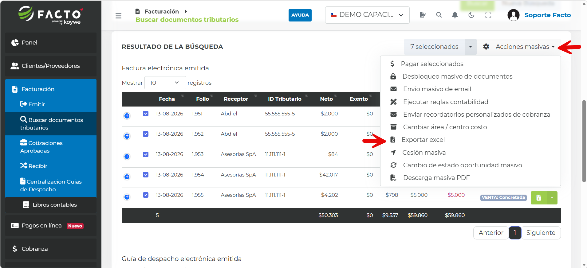 Opción Exportar excel en el menú Acciones masivas del resultado de la búsqueda