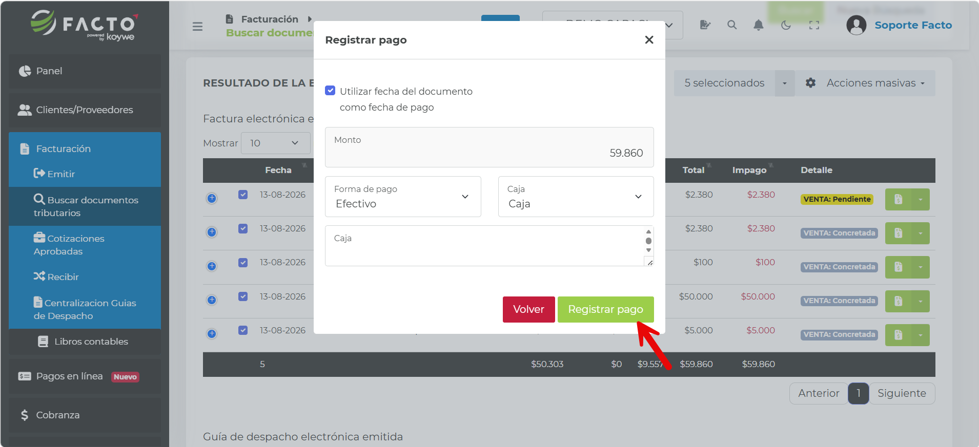 Ventana Registrar pago para el pago masivo de los documentos seleccionados