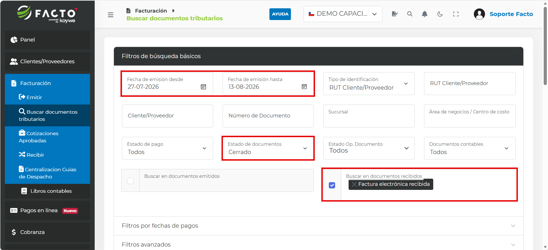 Filtros de búsqueda básicos con fecha de emisión, estado de documentos y tipo de documento recibido