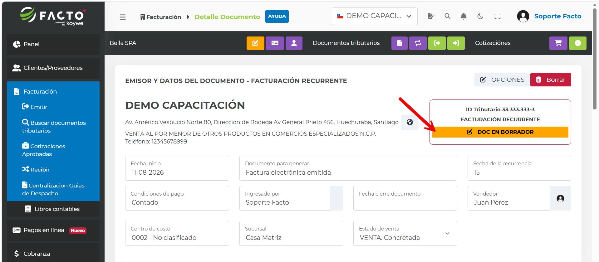 Botón Continuar a agregar detalle para generar el borrador del documento recurrente