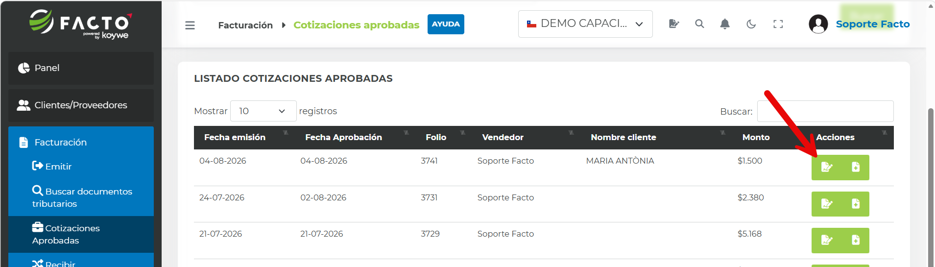 Botón para generar documento destacado en la columna Acciones del listado de cotizaciones aprobadas
