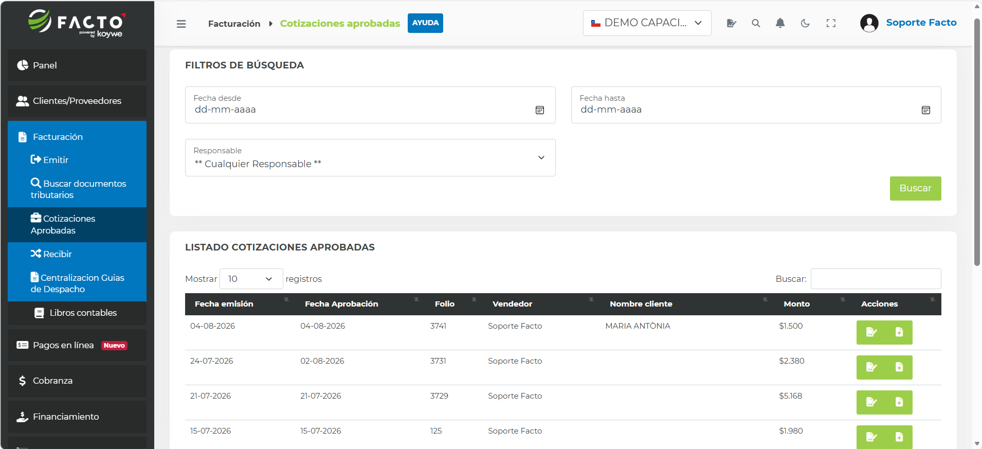Filtros de búsqueda por fecha y responsable en el listado de cotizaciones aprobadas