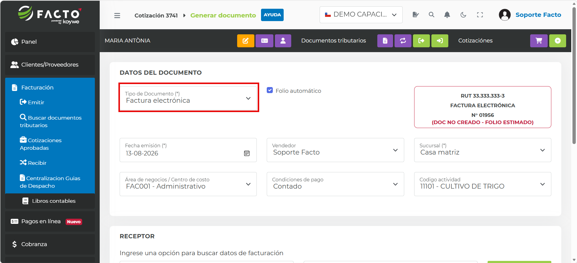 Formulario para generar un documento con Factura electrónica seleccionada como tipo de documento