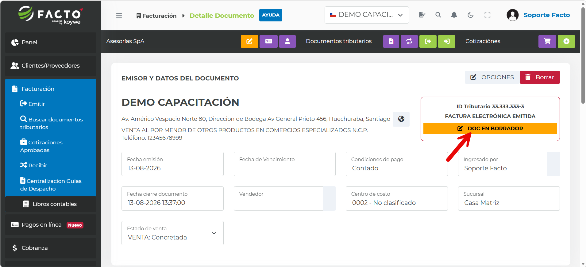 Botón Crear documento y continuar para generar el borrador del documento