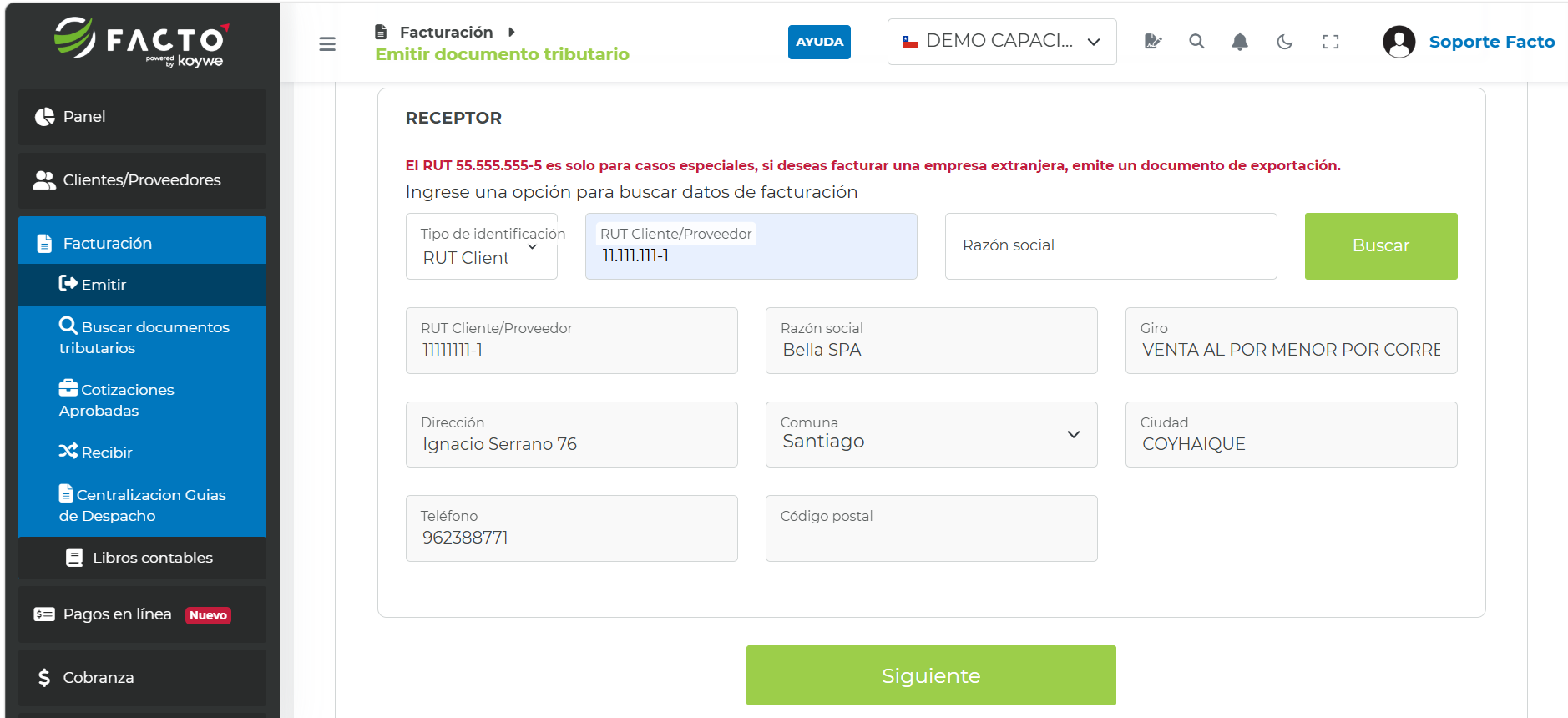 Datos del receptor del documento recurrente