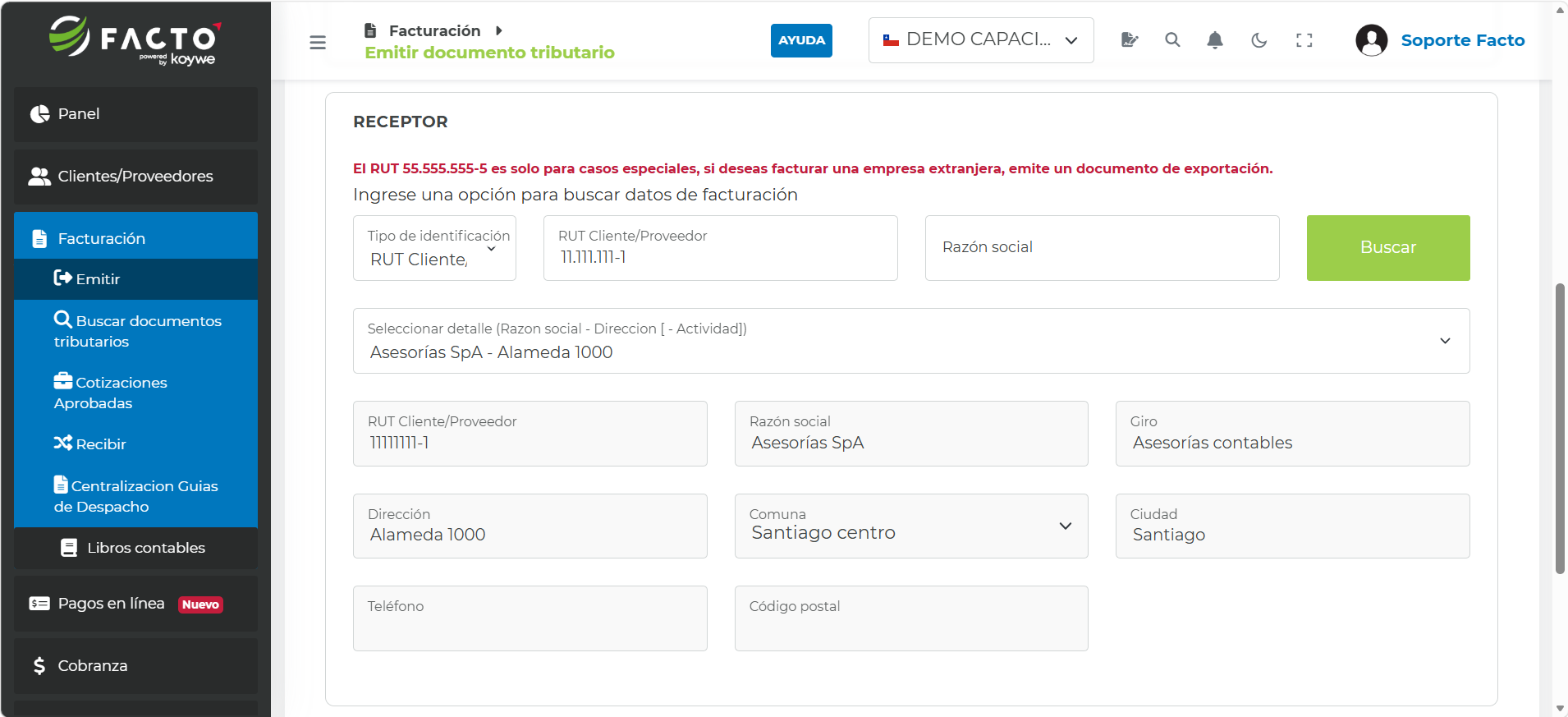 Formulario con los datos de facturación del receptor del documento