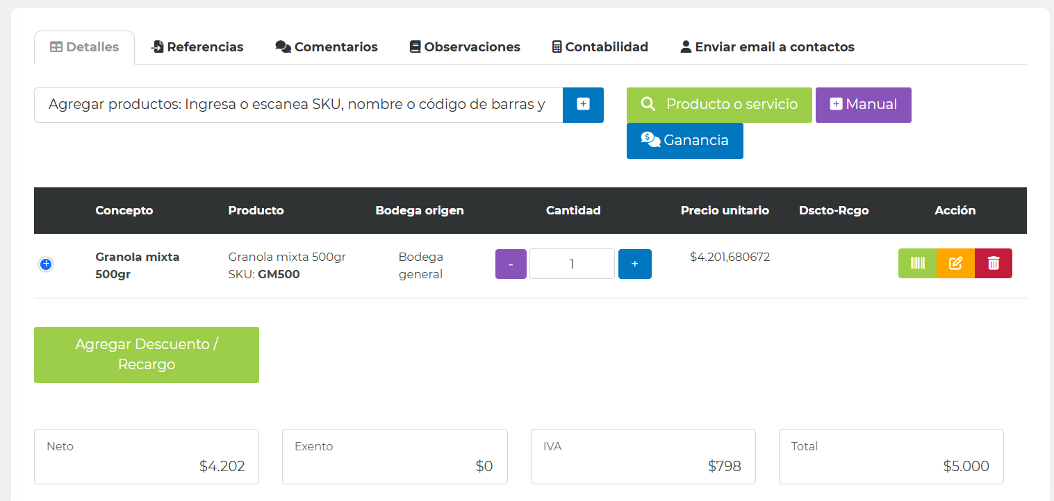 Detalle de venta con un producto de Bodega (SKU GM500) agregado