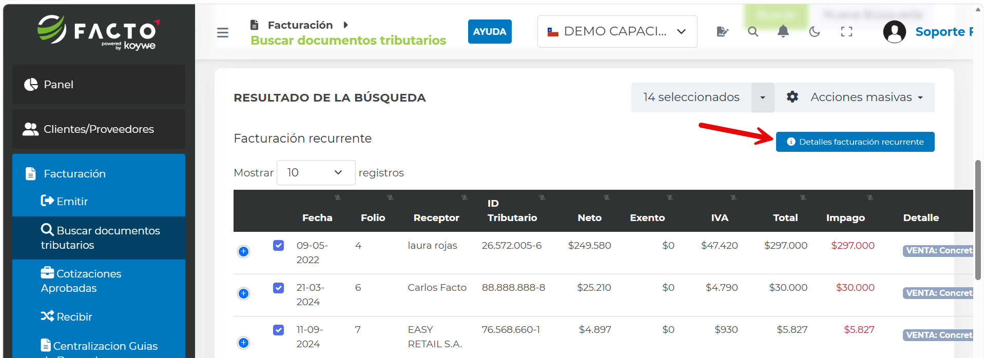 Botón Detalles facturación recurrente