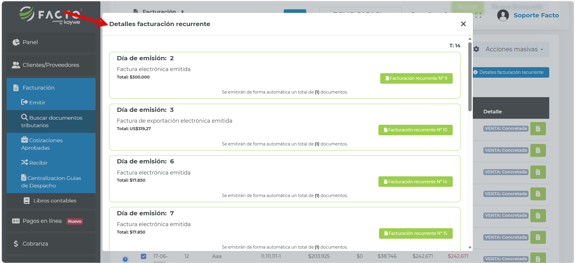 Detalle de los próximos documentos con recurrencia a emitir