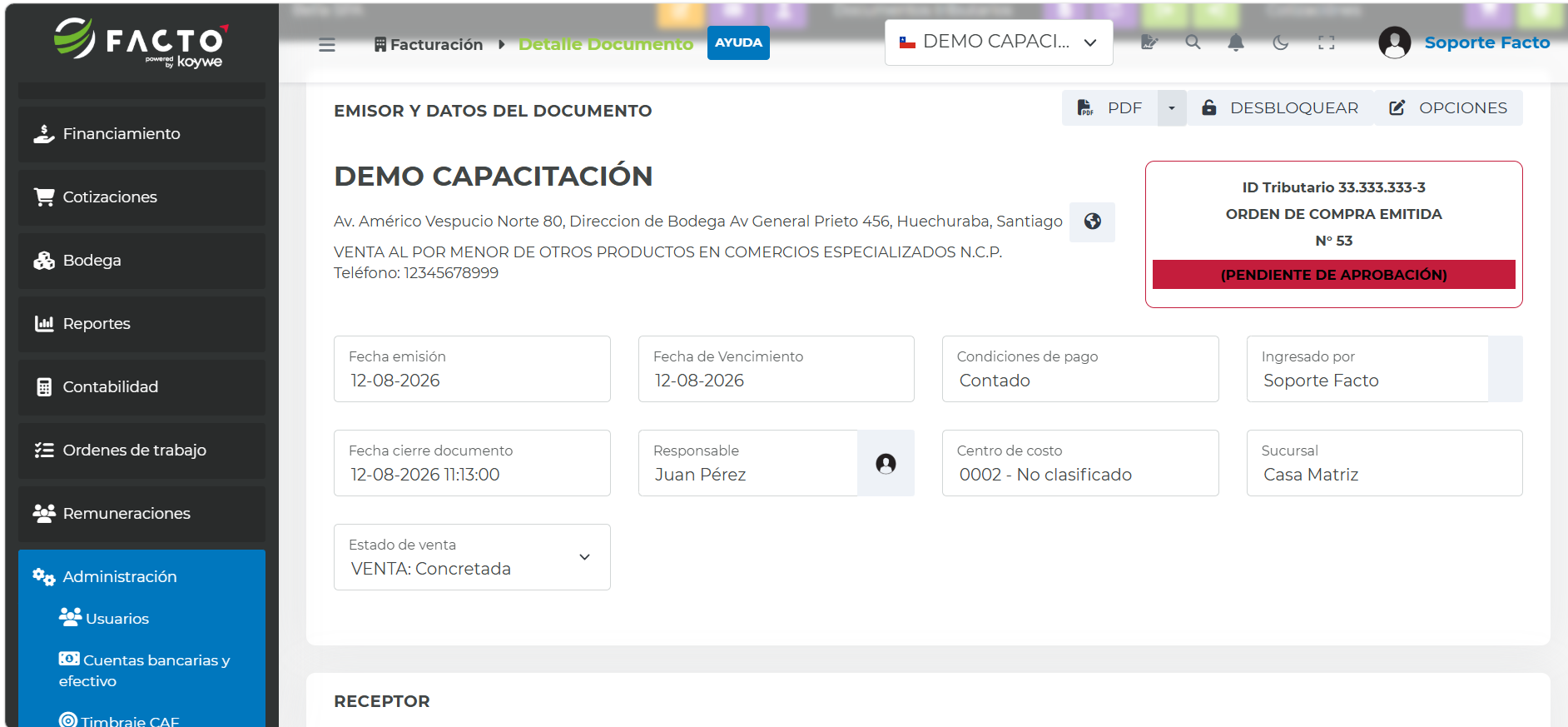Opción Emitir documento para cerrar la Orden de Compra