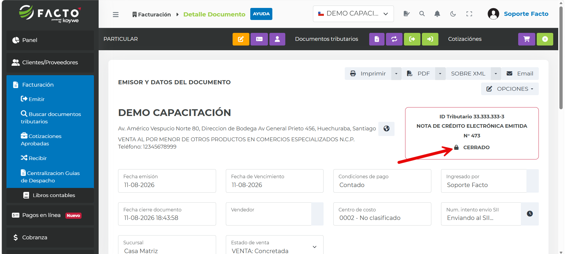 Opción Emitir y enviar al S.I.I. para la Nota de Crédito Electrónica que anula una boleta
