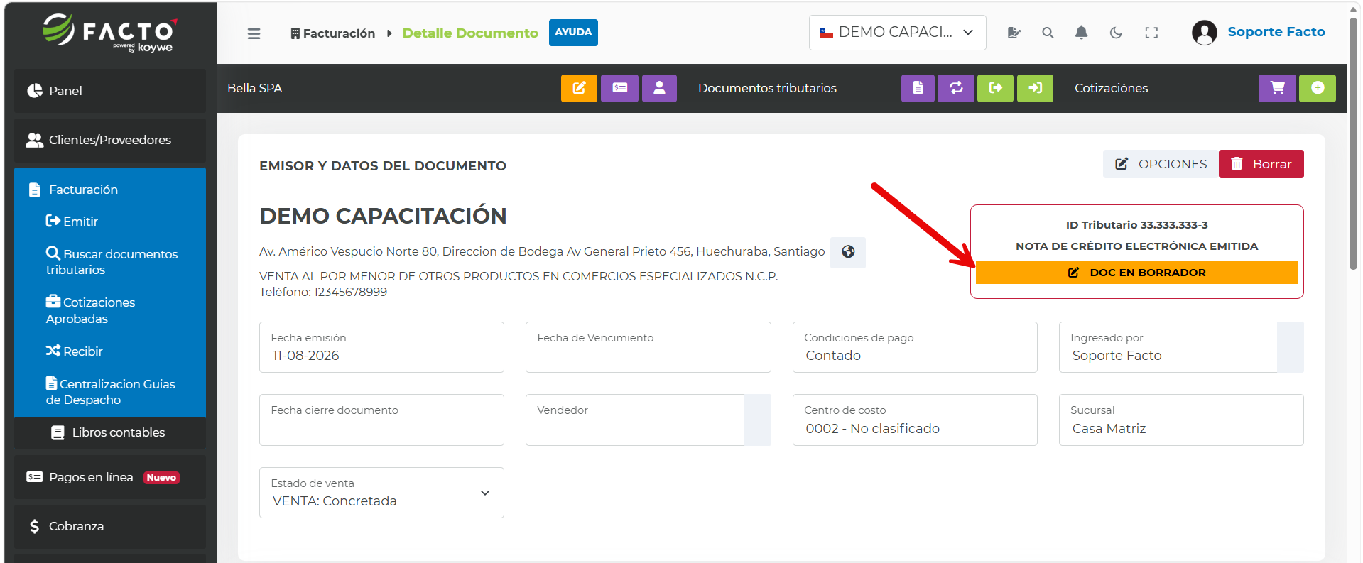 Botón Emitir nota de crédito para crear el borrador