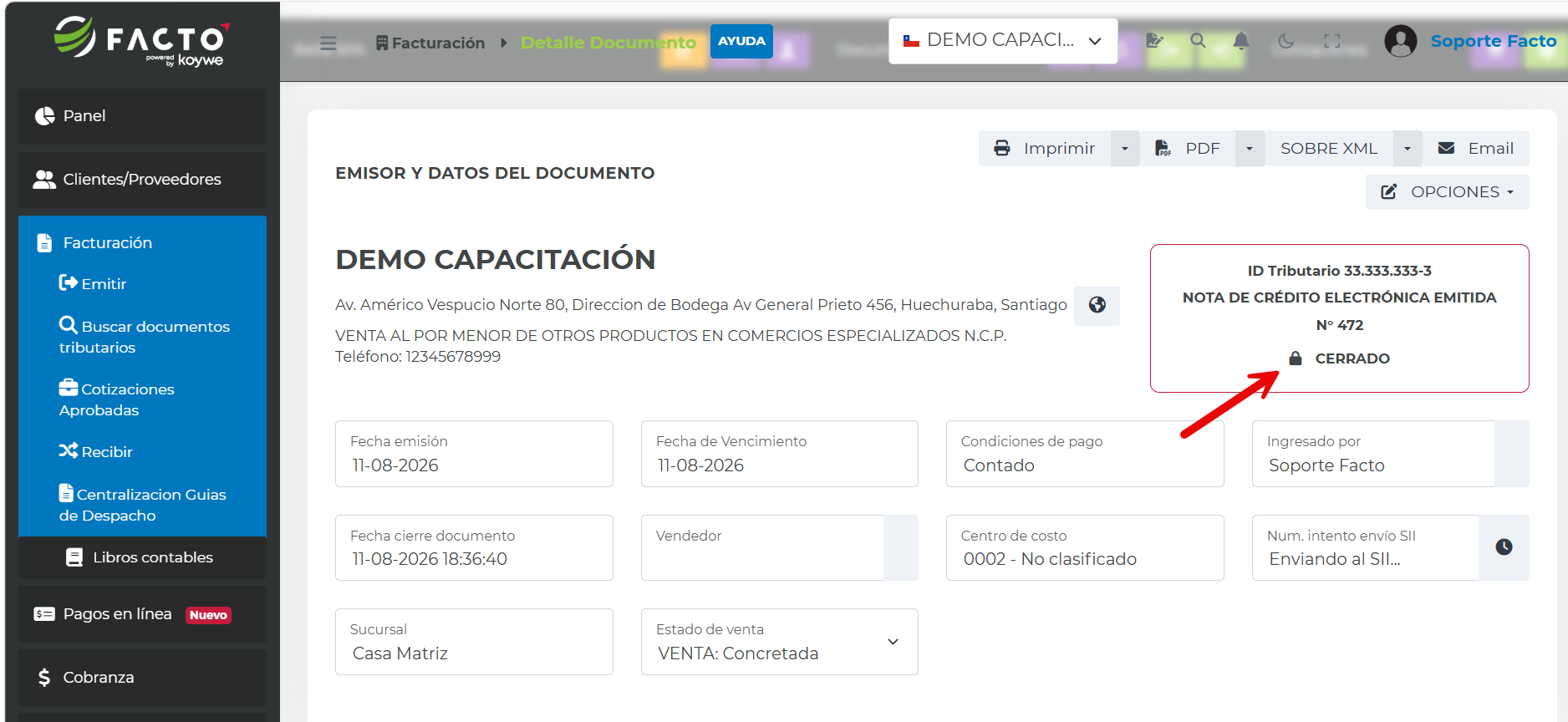 Opción Emitir y enviar al S.I.I. para la Nota de Crédito Electrónica que anula una factura