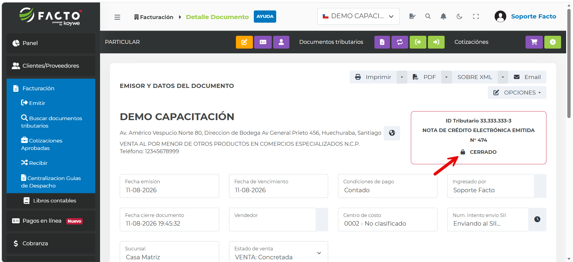 Opción Emitir y enviar al S.I.I. para la Nota de Crédito Electrónica de anulación masiva