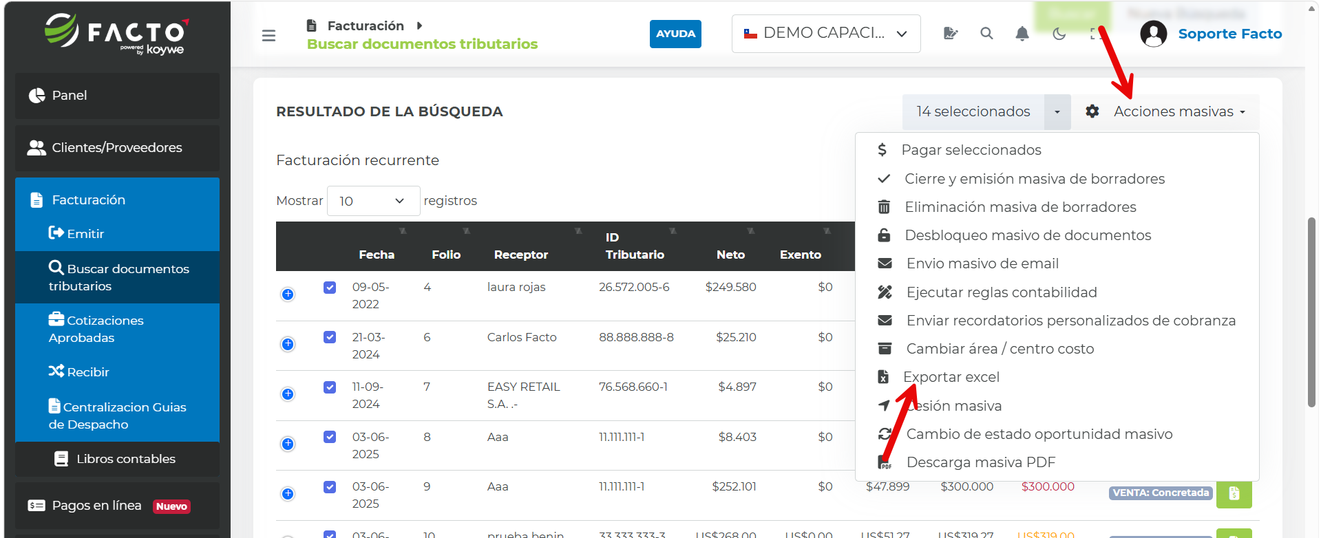 Botón Acciones masivas → exportar Excel para los documentos recurrentes