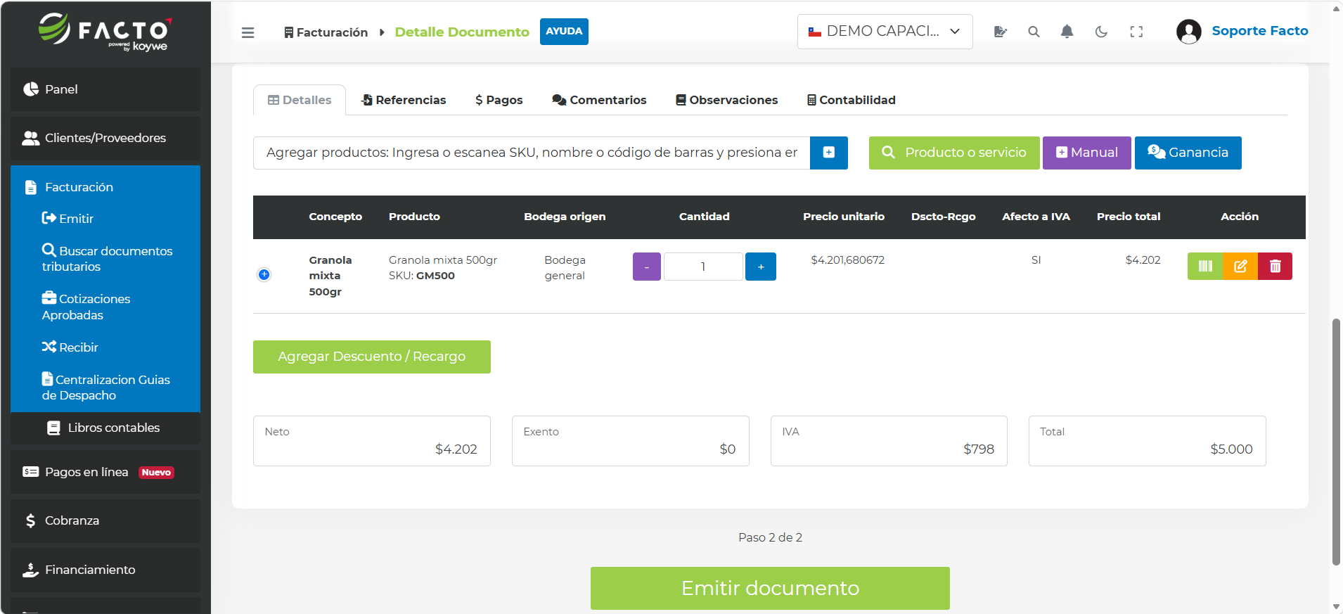 Botón Producto o servicio para agregar productos al detalle de la Guía de Despacho Electrónica