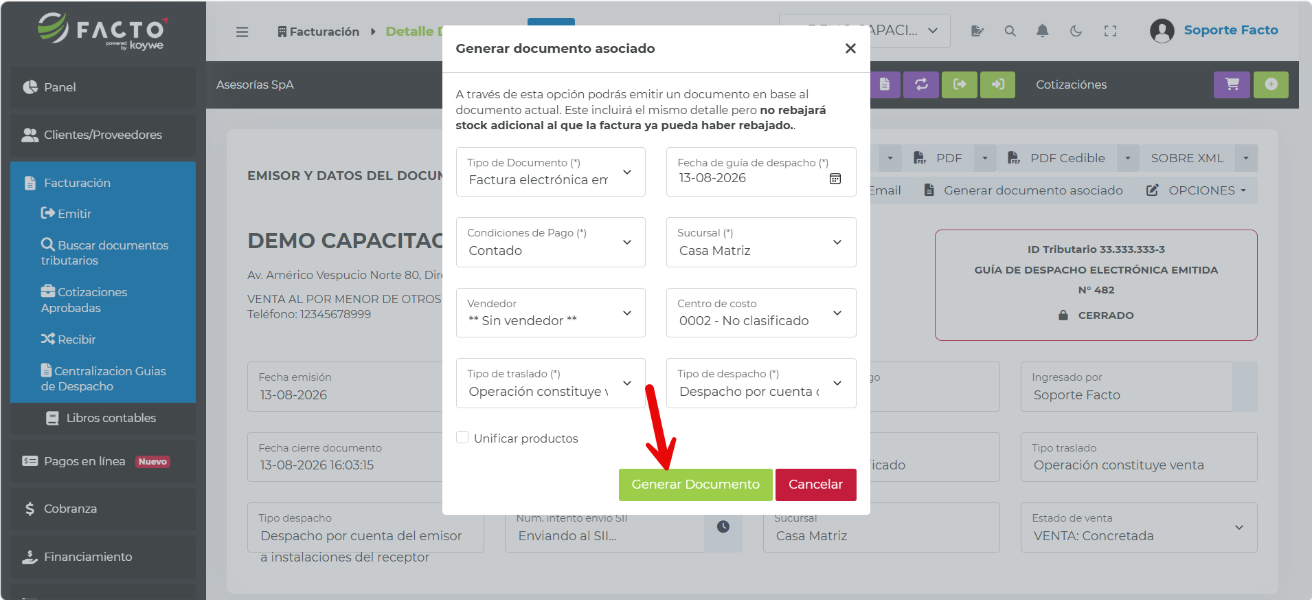 Botón Generar documento para crear el borrador de la Factura Electrónica