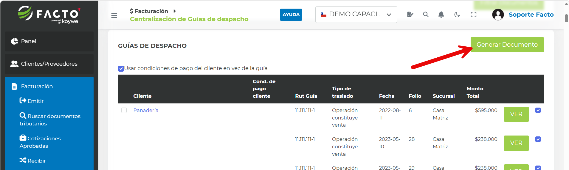 Botón Generar documento en el módulo Centralización Guías de Despacho