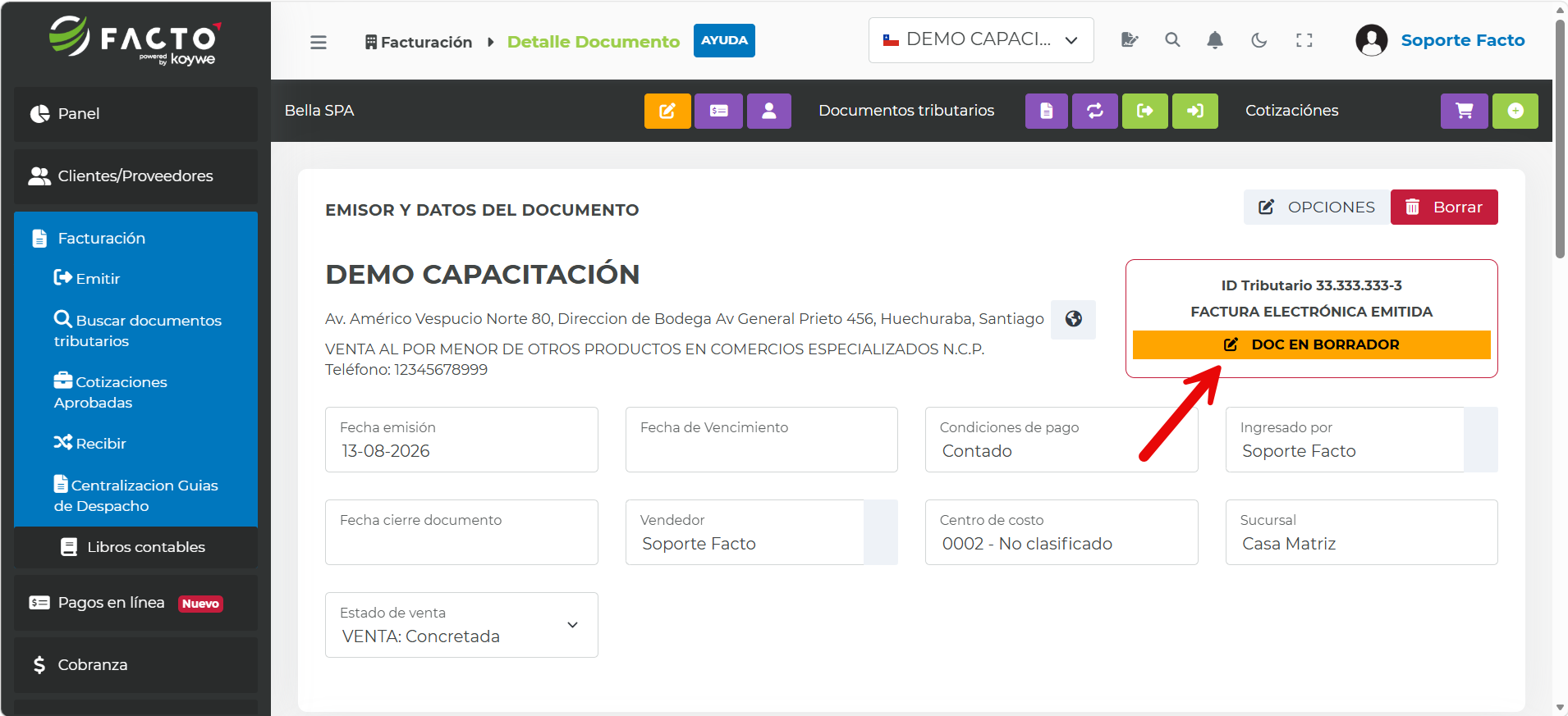 Borrador de la Factura Electrónica generado desde la Centralización de Guías de Despacho
