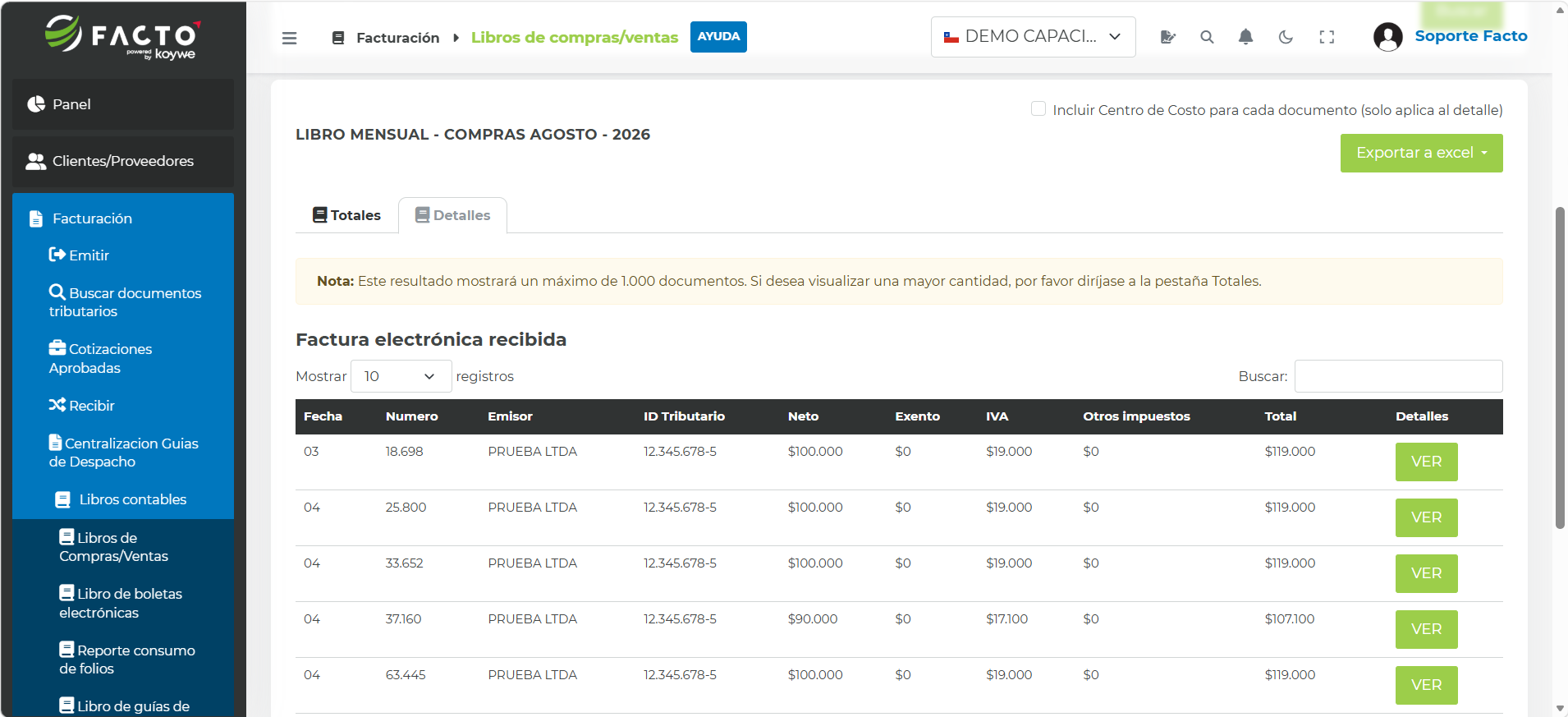 Pestaña Detalles con el listado de los documentos de compra recibidos