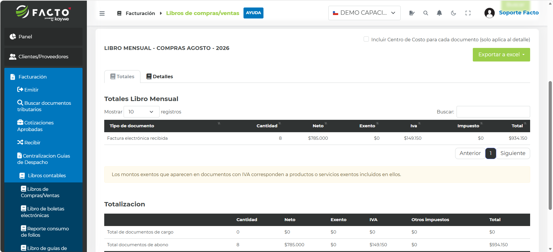 Pestaña Totales con el resumen de los documentos de compra recibidos