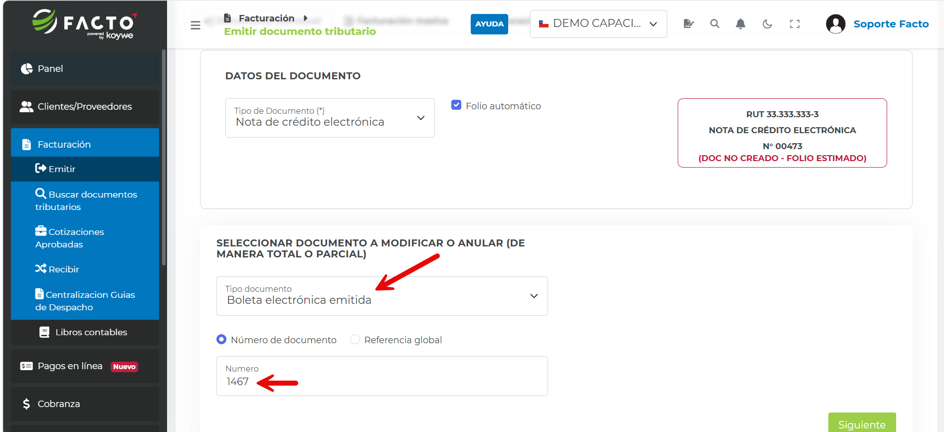 Campo Número de documento con el folio de la Boleta Electrónica a anular